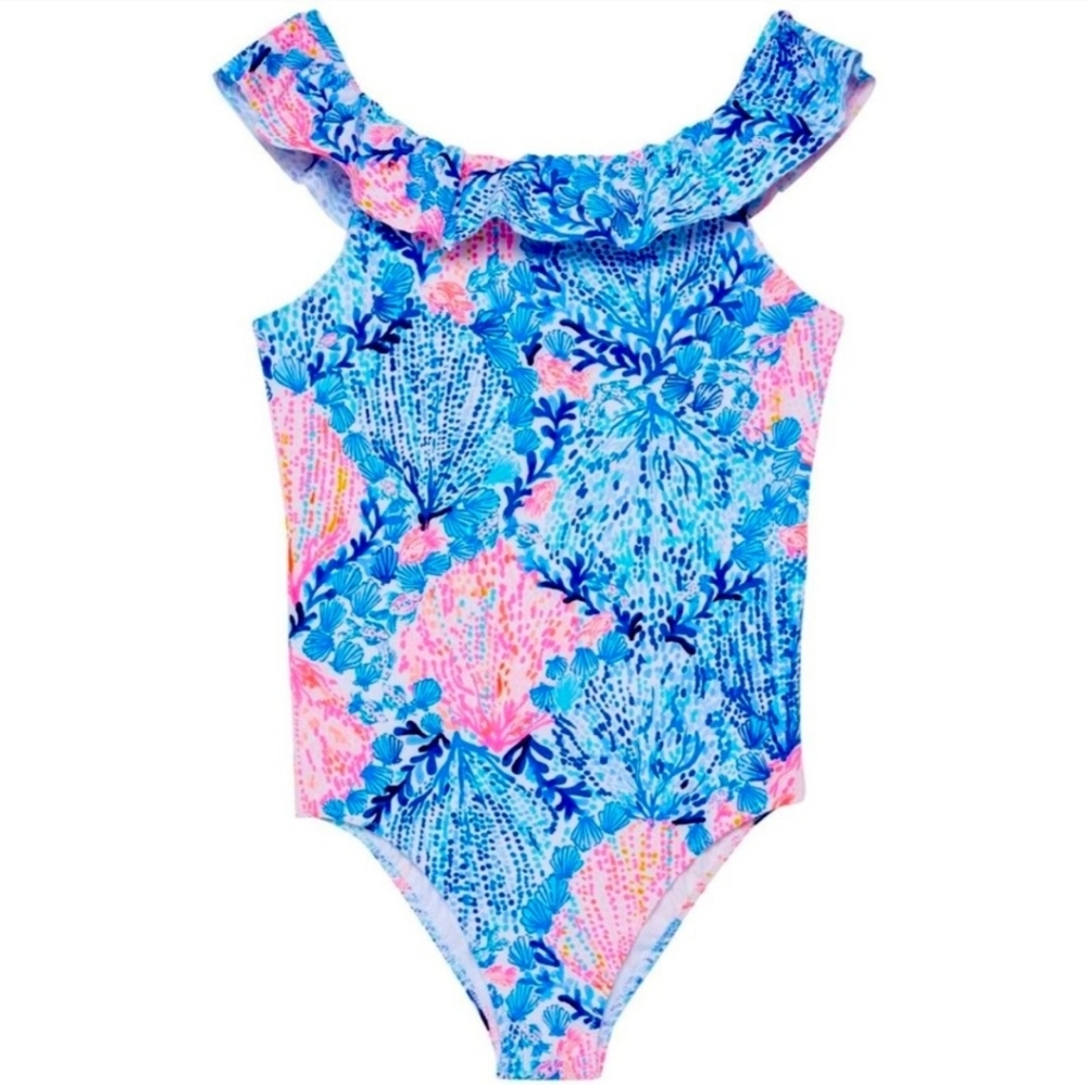 Lilly Pulitzer Girls Eliana Swim Ruffle One-Piece - Pink and Blue Size 10